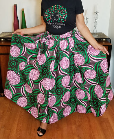 Pink & Green Floral Print Long Skirt