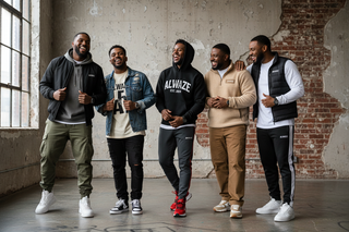 4-5 african american men wearing Alwaze Clothing and Alwaze sneakers put name on the clothes