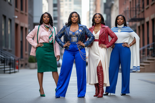 african american women from all 4 black greek sororities wearing Alwaze Clothes (different materals- leather, satin, etc) be SGRho is wearing royal blue and gold