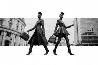 african american women walking in luxury leather, black and white, ultra wide hero size