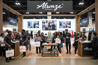 alwaze trade show exhibit with diverse people including black people, with shopping bags with Alwaze