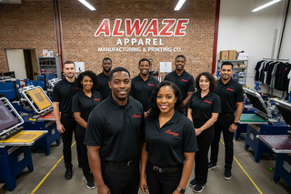 black man and women leading in front. Alwaze Team in black polo shirts that say Alwaze (in red) in an apparel manufacturing and printing company.  1 white man, 1 white woman, 1 latino woman and 1 asian man-  no more than 10 ppl total, name in building, name on apparel (if seen) mostly black team