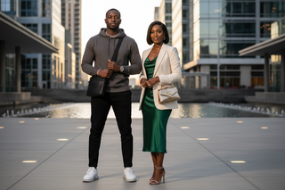 black man in high end streetwear and black women in luxury chic apparel