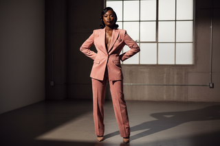 Black woman in blush pink suede tailored suit- needs to be firece