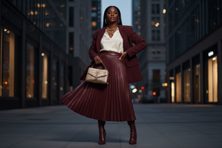 Black woman in burgundy pleated vegan leather skirt (luxury chic)