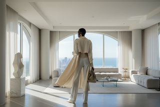 black woman no face in chic luxury wear in airy luxury location