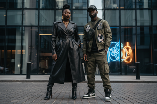 black woman wearing high end leather coat, black man wearing streetwear jacket