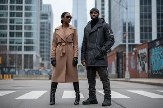 Black woman wearing high end trench coat and black man wearing streetwear coat