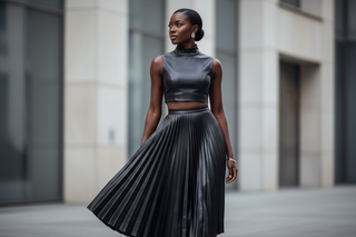 Black women in sleek black leather 2 piece top and pleated skirt- confident (looking  to the left) look, modest