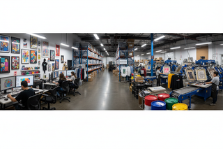 custom apparel request image, screen printing machines, warehouse, art room
