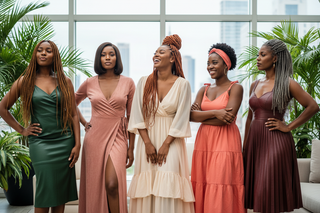 Different Black women (no more than 4-5) in trendy chic dresses (leather, suede, chiffon, cotton). all different dresses, different hairstyles