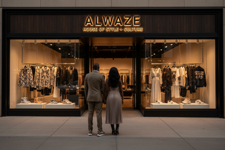 light skined, black man and black woman look at their new ALWAZE store. backs towards camera with Alwaze House of Style + Culture on it. with high end chick and street wear in the store