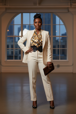 long photo (top to botttom) of black woman in chic clothes