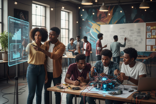 portrait 2:3 size- black student entrepreneurs presenting and building something