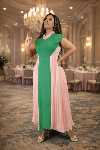 Sleeveless Green and Pink Pleated Dress
