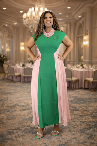 Sleeveless Green and Pink Pleated Dress