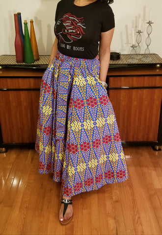 African Print Long Skirt Blue Red Gold