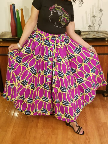 African Print Long Skirt Purple Gold Black