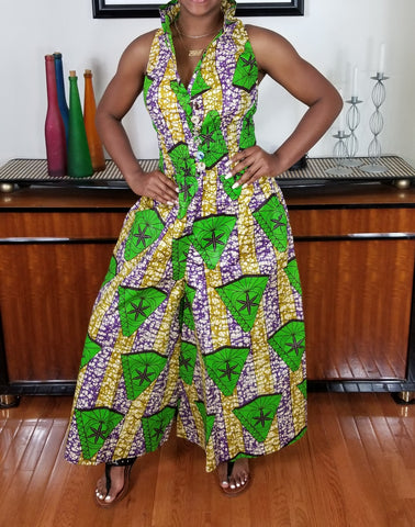 African Print Full Length JumpSuit Green Gold