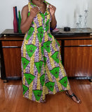 African Print Full Length JumpSuit Green Gold
