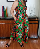 African Print Full Length PantSuit Geen Orange Black