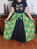African Print Long Green Gold and Denim Skirt