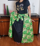 African Print Long Green Gold and Denim Skirt