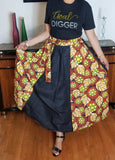 African Print Long Red Gold and Denim Skirt