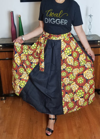 African Print Long Red Gold and Denim Skirt