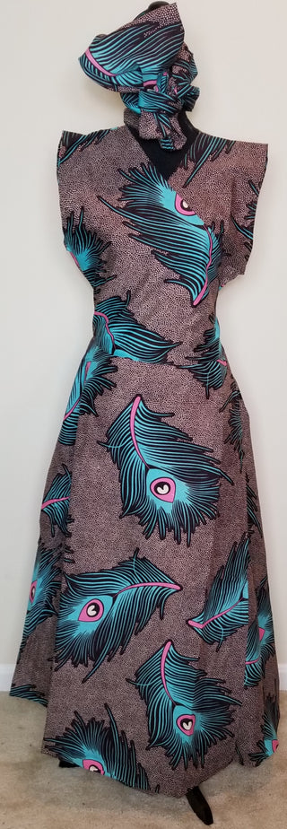 Dark Brown Trouquise & Pink Full Length Wrap  Dress
