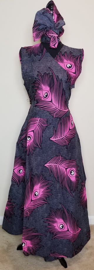 Navy Blue & Pink Full Length Wrap Dress