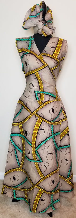 Tan & Yellow Full Length Wrap Dress