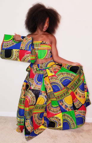 3 Piece Multicolor Maxi Skirt/Clutch Set