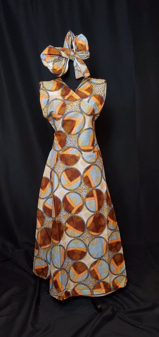 Brown & Blue Wrap Dress & Matching Clutch Bag